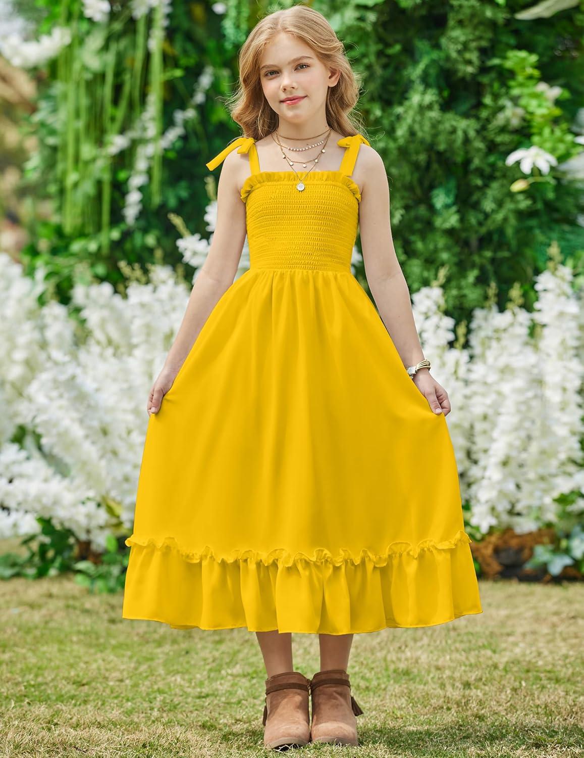 image:imageArshiner Girls Summer Dress Boho Beach Casual Smocked Maxi DressesYellow