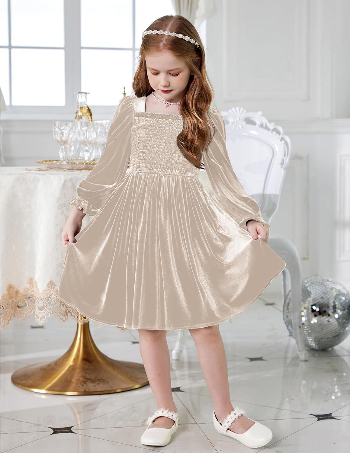 image:imageArshiner Toddler Velvet Dress Girls Smocked Square Neck Puff Long Sleeve Party Dresses with PocketsChampagne