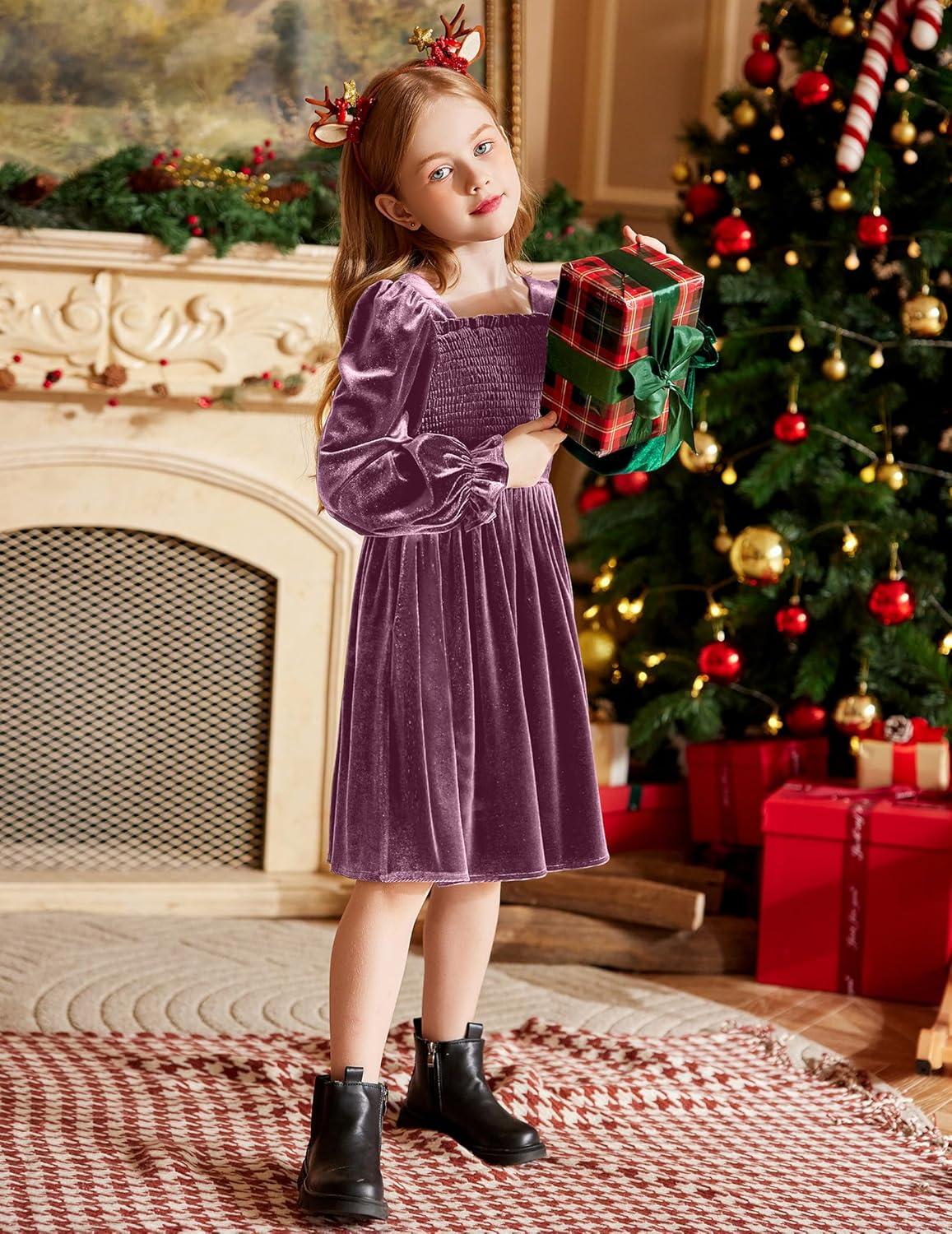 image:imageArshiner Toddler Velvet Dress Girls Smocked Square Neck Puff Long Sleeve Party Dresses with PocketsFuchsia