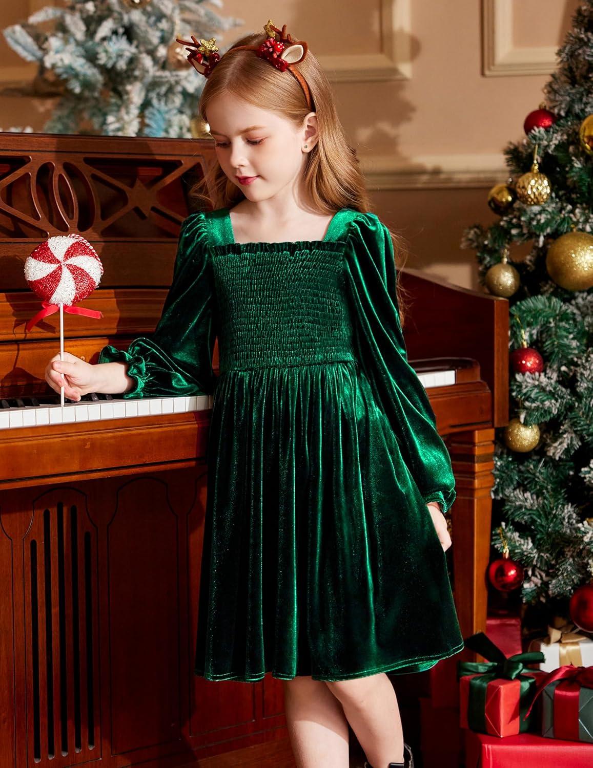 image:imageArshiner Toddler Velvet Dress Girls Smocked Square Neck Puff Long Sleeve Party Dresses with PocketsGreen