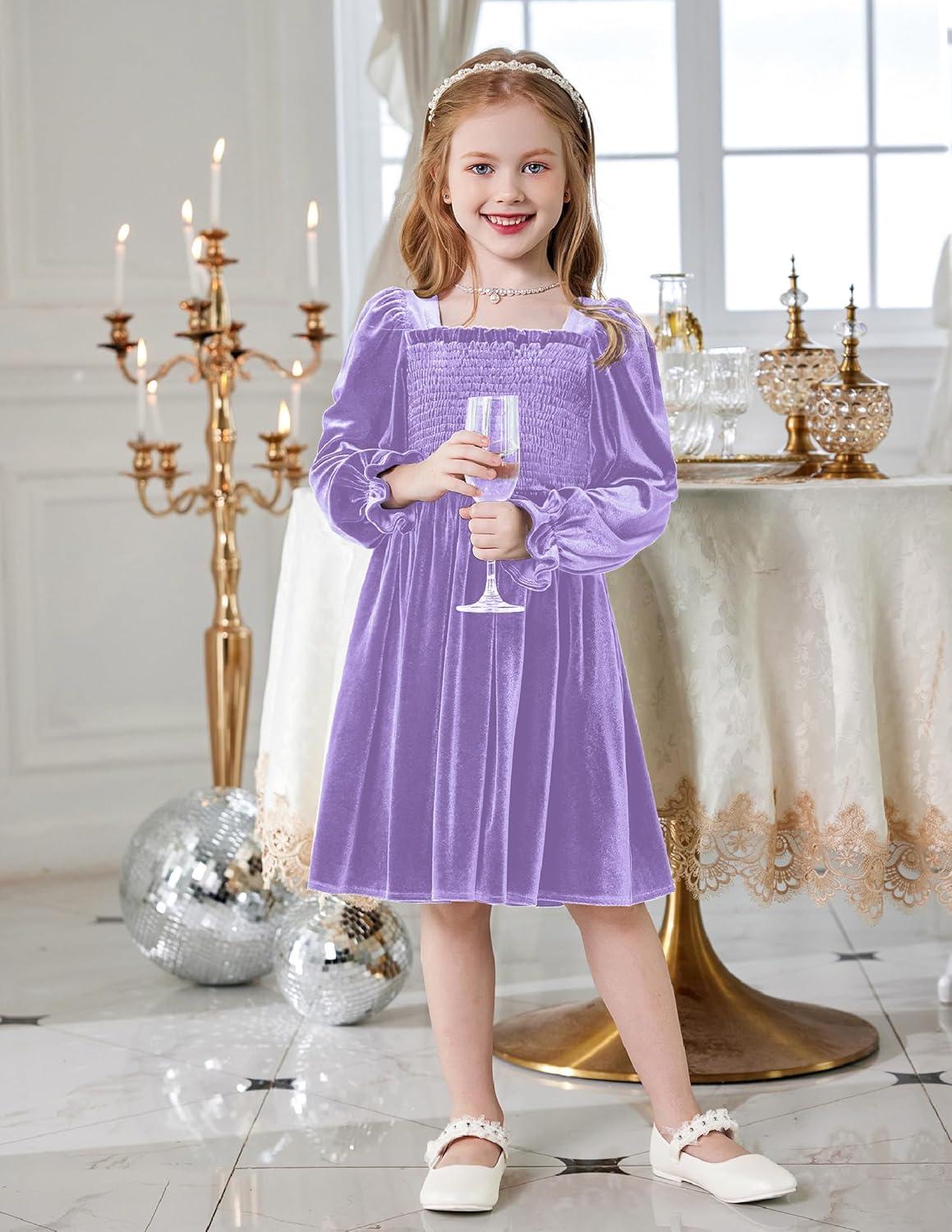 image:imageArshiner Toddler Velvet Dress Girls Smocked Square Neck Puff Long Sleeve Party Dresses with PocketsLavender
