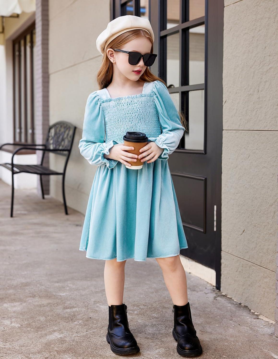 image:imageArshiner Toddler Velvet Dress Girls Smocked Square Neck Puff Long Sleeve Party Dresses with PocketsLight Blue