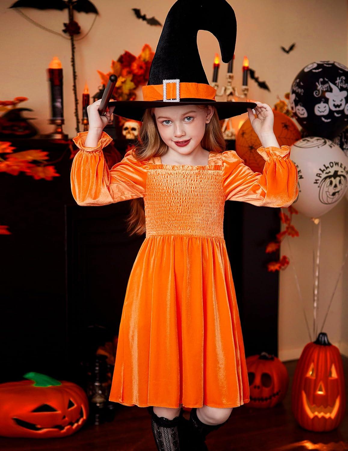 image:imageArshiner Toddler Velvet Dress Girls Smocked Square Neck Puff Long Sleeve Party Dresses with PocketsOrange