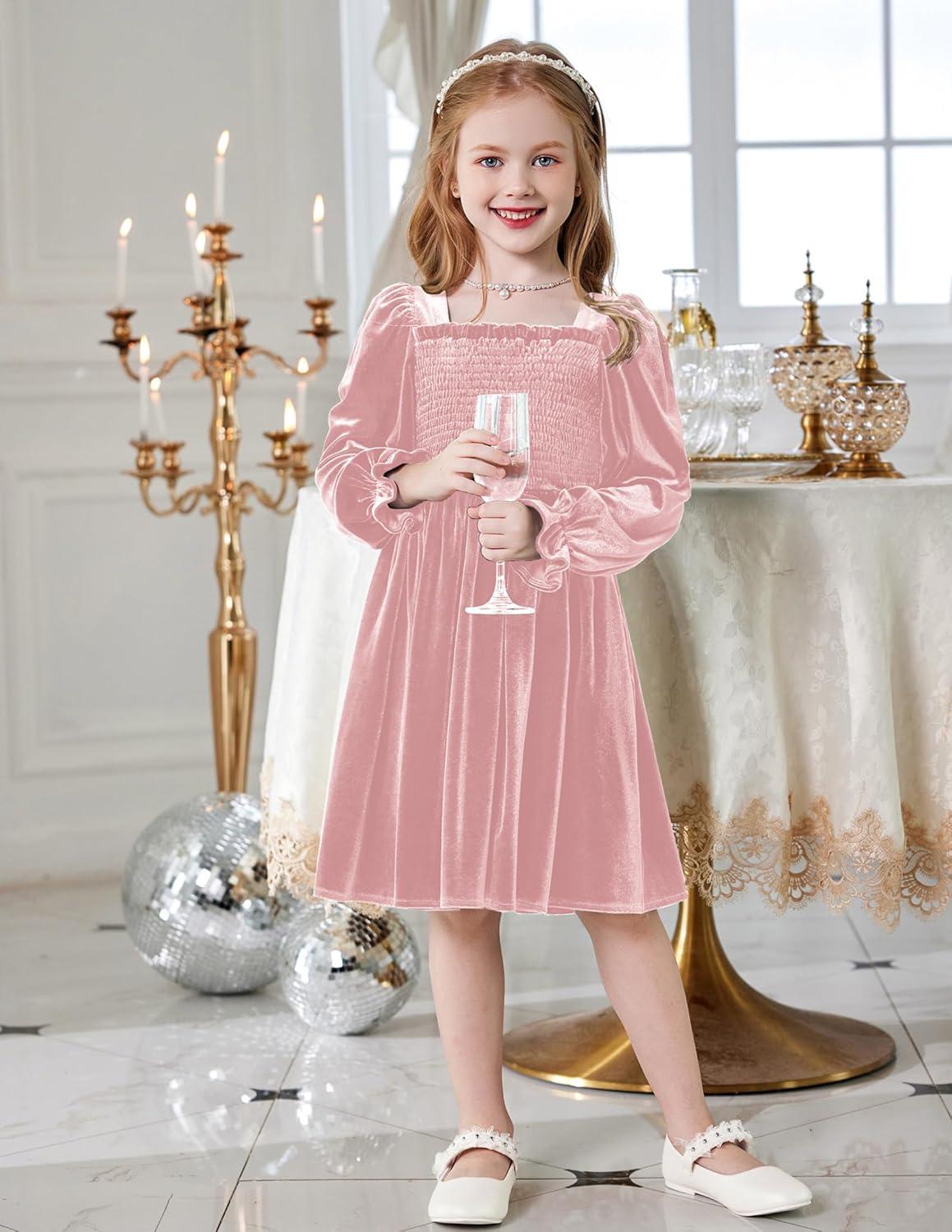 image:imageArshiner Toddler Velvet Dress Girls Smocked Square Neck Puff Long Sleeve Party Dresses with PocketsPink