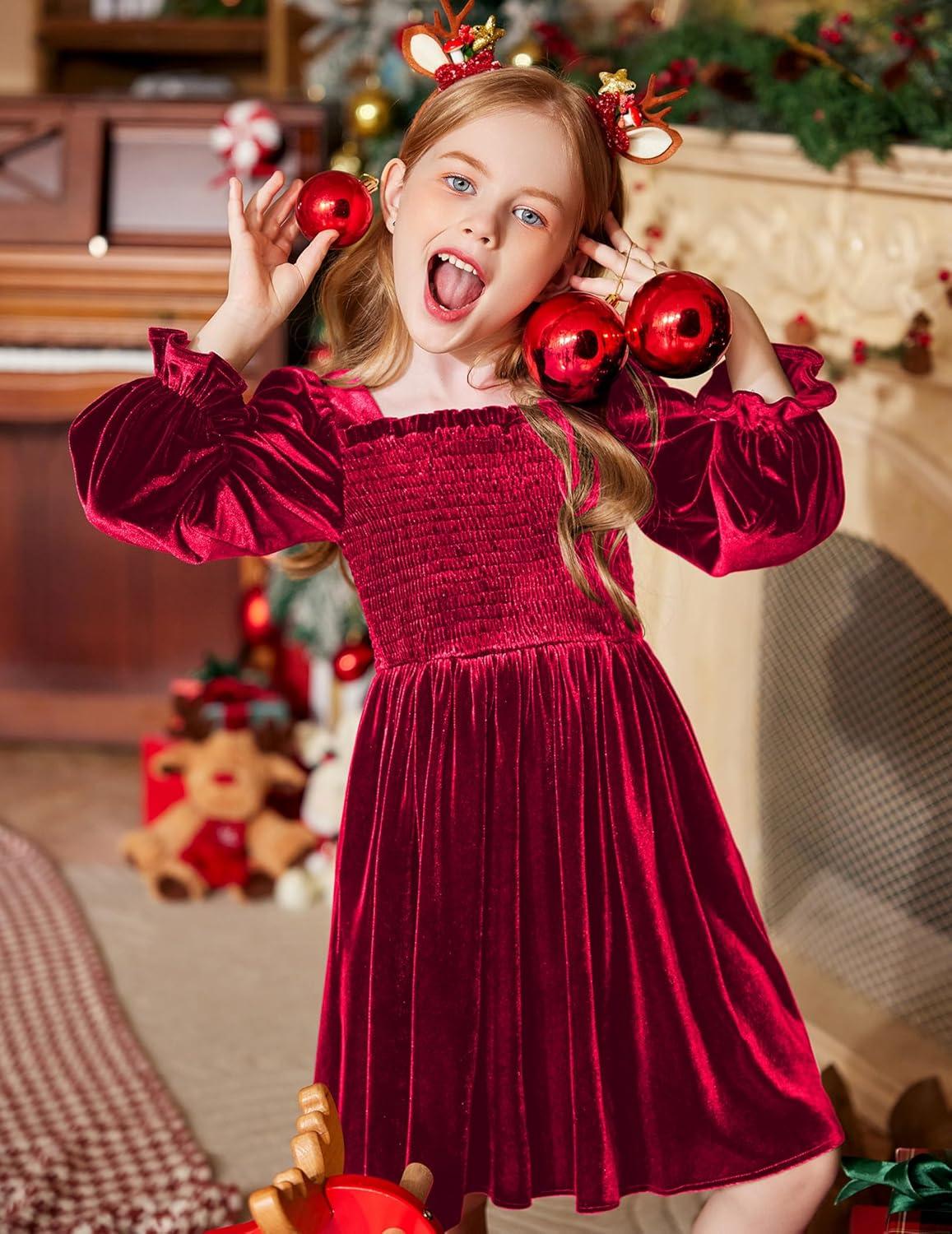 image:imageArshiner Toddler Velvet Dress Girls Smocked Square Neck Puff Long Sleeve Party Dresses with PocketsRed