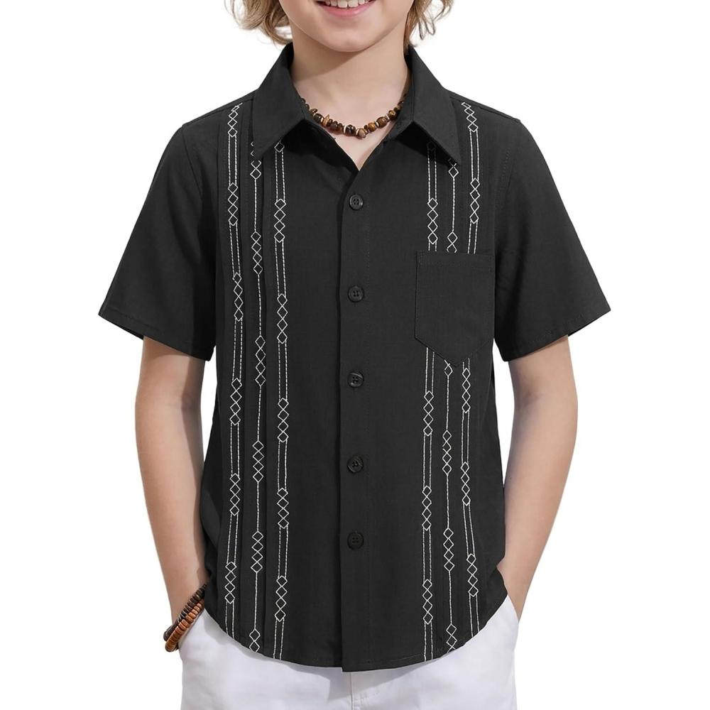 image:imageArshiner Boys Guayabera Shirt Short Sleeve Cotton Linen Button Down Shirt Summer Beach Tops with One PocketMidnight Black