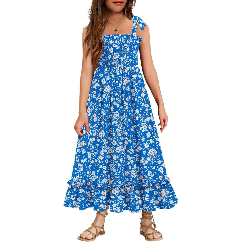 image:imageArshiner Girls Summer Dress Boho Beach Casual Smocked Maxi DressesBlue Floral