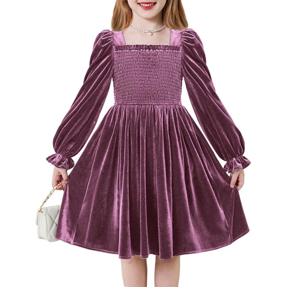 image:imageArshiner Toddler Velvet Dress Girls Smocked Square Neck Puff Long Sleeve Party Dresses with PocketsFuchsia