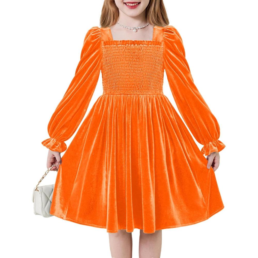image:imageArshiner Toddler Velvet Dress Girls Smocked Square Neck Puff Long Sleeve Party Dresses with PocketsOrange