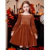 Arshiner Toddler Velvet Dress Girls Smocked Square Neck Puff Long Sleeve Party Dresses with Pockets(Caramel)