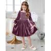 Arshiner Toddler Velvet Dress Girls Smocked Square Neck Puff Long Sleeve Party Dresses with Pockets(Fuchsia)