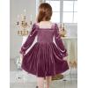 Arshiner Toddler Velvet Dress Girls Smocked Square Neck Puff Long Sleeve Party Dresses with Pockets(Fuchsia)