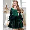 Arshiner Toddler Velvet Dress Girls Smocked Square Neck Puff Long Sleeve Party Dresses with Pockets(Green)