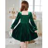 Arshiner Toddler Velvet Dress Girls Smocked Square Neck Puff Long Sleeve Party Dresses with Pockets(Green)