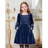 Arshiner Toddler Velvet Dress Girls Smocked Square Neck Puff Long Sleeve Party Dresses with Pockets(Navy Blue)