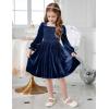 Arshiner Toddler Velvet Dress Girls Smocked Square Neck Puff Long Sleeve Party Dresses with Pockets(Navy Blue)