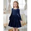 Arshiner Toddler Velvet Dress Girls Smocked Square Neck Puff Long Sleeve Party Dresses with Pockets(Navy Blue)