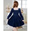 Arshiner Toddler Velvet Dress Girls Smocked Square Neck Puff Long Sleeve Party Dresses with Pockets(Navy Blue)