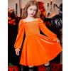 Arshiner Toddler Velvet Dress Girls Smocked Square Neck Puff Long Sleeve Party Dresses with Pockets(Orange)