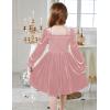 Arshiner Toddler Velvet Dress Girls Smocked Square Neck Puff Long Sleeve Party Dresses with Pockets(Pink)