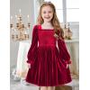 Arshiner Toddler Velvet Dress Girls Smocked Square Neck Puff Long Sleeve Party Dresses with Pockets(Red)