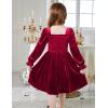 Arshiner Toddler Velvet Dress Girls Smocked Square Neck Puff Long Sleeve Party Dresses with Pockets(Red)