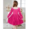 Arshiner Toddler Velvet Dress Girls Smocked Square Neck Puff Long Sleeve Party Dresses with Pockets(Rose Red)
