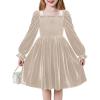 Arshiner Toddler Velvet Dress Girls Smocked Square Neck Puff Long Sleeve Party Dresses with Pockets(Champagne)