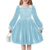 Arshiner Toddler Velvet Dress Girls Smocked Square Neck Puff Long Sleeve Party Dresses with Pockets(Light Blue)
