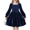 Arshiner Toddler Velvet Dress Girls Smocked Square Neck Puff Long Sleeve Party Dresses with Pockets(Navy Blue)