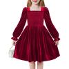 Arshiner Toddler Velvet Dress Girls Smocked Square Neck Puff Long Sleeve Party Dresses with Pockets(Red)