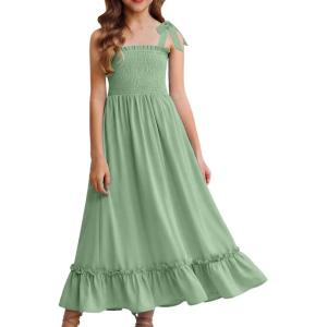 Arshiner Girls Summer Dress Boho Beach Casual Smocked Maxi Dresses(Green)
