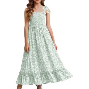 Arshiner Girls Summer Dress Boho Beach Casual Smocked Maxi Dresses(Green Floral Pattern)
