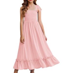 Arshiner Girls Summer Dress Boho Beach Casual Smocked Maxi Dresses(Pink)