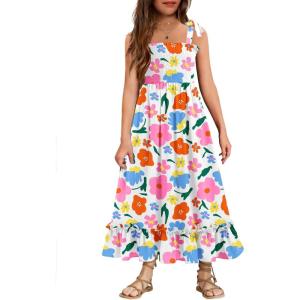 Arshiner Girls Summer Dress Boho Beach Casual Smocked Maxi Dresses(Pink Floral)