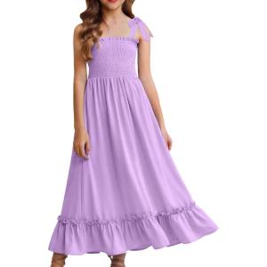 Arshiner Girls Summer Dress Boho Beach Casual Smocked Maxi Dresses(Purple)