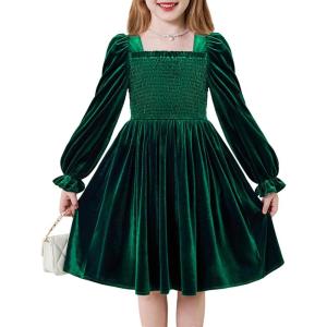 Arshiner Toddler Velvet Dress Girls Smocked Square Neck Puff Long Sleeve Party Dresses with Pockets(Green)