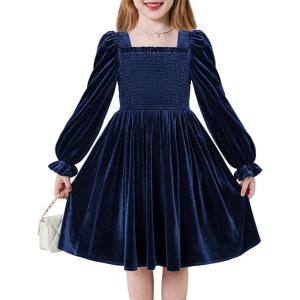 Arshiner Toddler Velvet Dress Girls Smocked Square Neck Puff Long Sleeve Party Dresses with Pockets(Navy Blue)