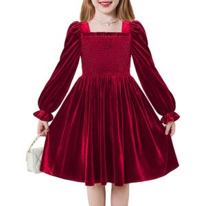 Arshiner Toddler Velvet Dress Girls Smocked Square Neck Puff Long Sleeve Party Dresses with Pockets(Red)