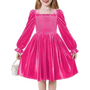 Arshiner Toddler Velvet Dress Girls Smocked Square Neck Puff Long Sleeve Party Dresses with Pockets(Rose Red)