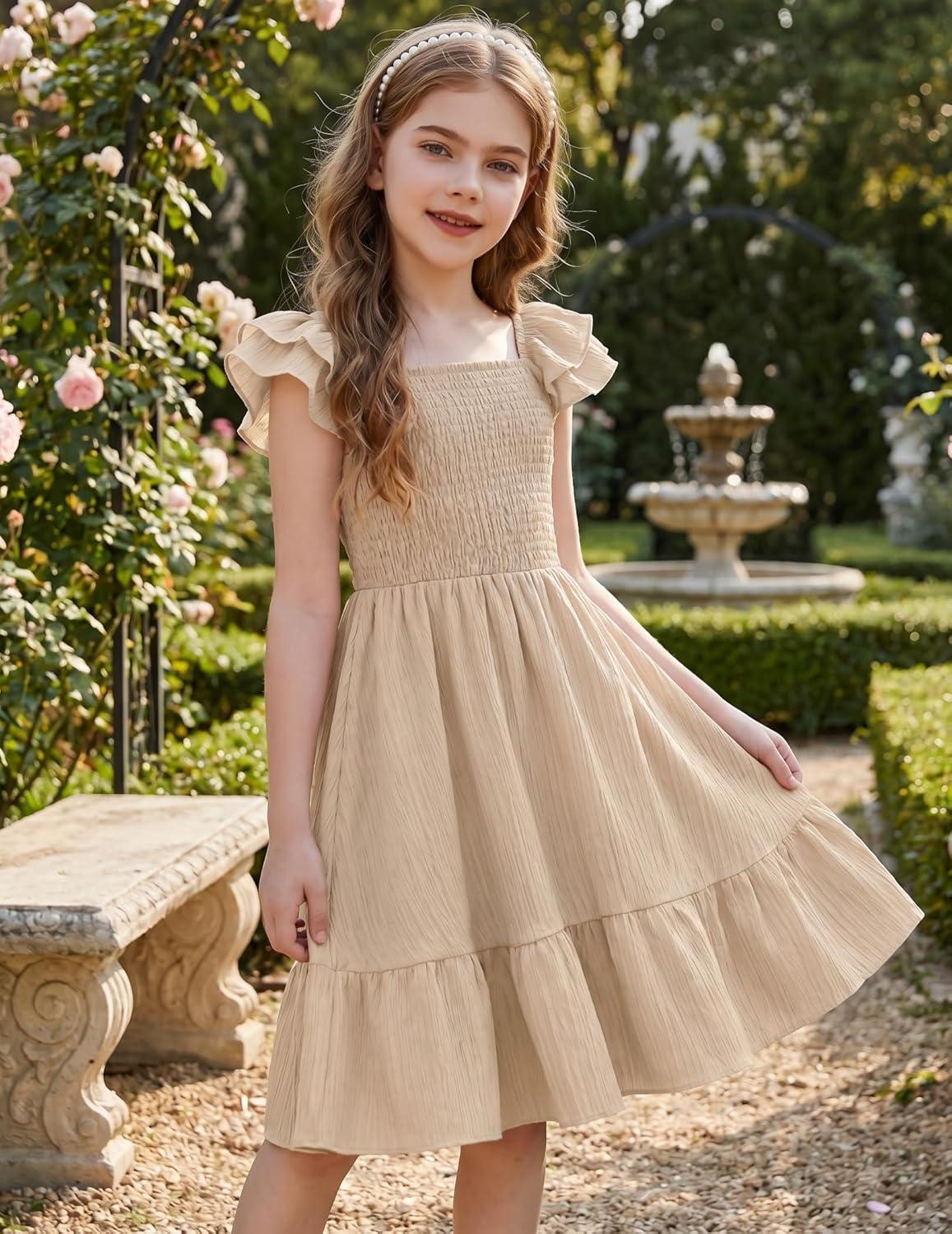 image:imageArshiner Girls Dresses Double Pleated Sleeve Square Neck Off Shoulder with Pockets Tween Sundress Size 516Beige