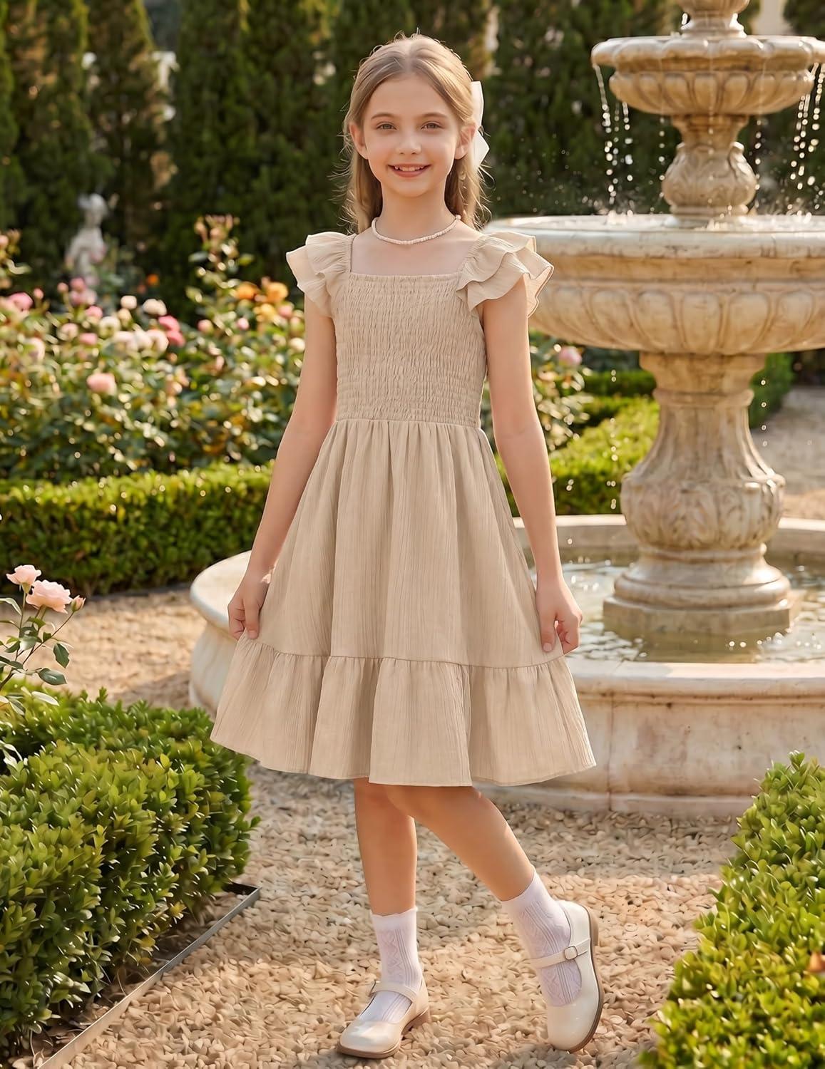 image:imageArshiner Girls Dresses Double Pleated Sleeve Square Neck Off Shoulder with Pockets Tween Sundress Size 516Beige