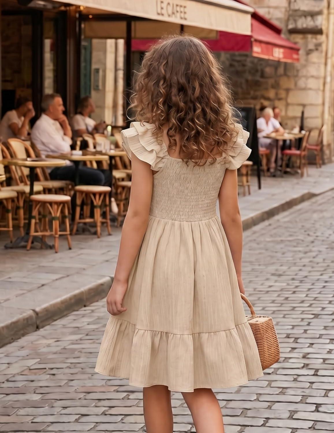 image:imageArshiner Girls Dresses Double Pleated Sleeve Square Neck Off Shoulder with Pockets Tween Sundress Size 516Beige