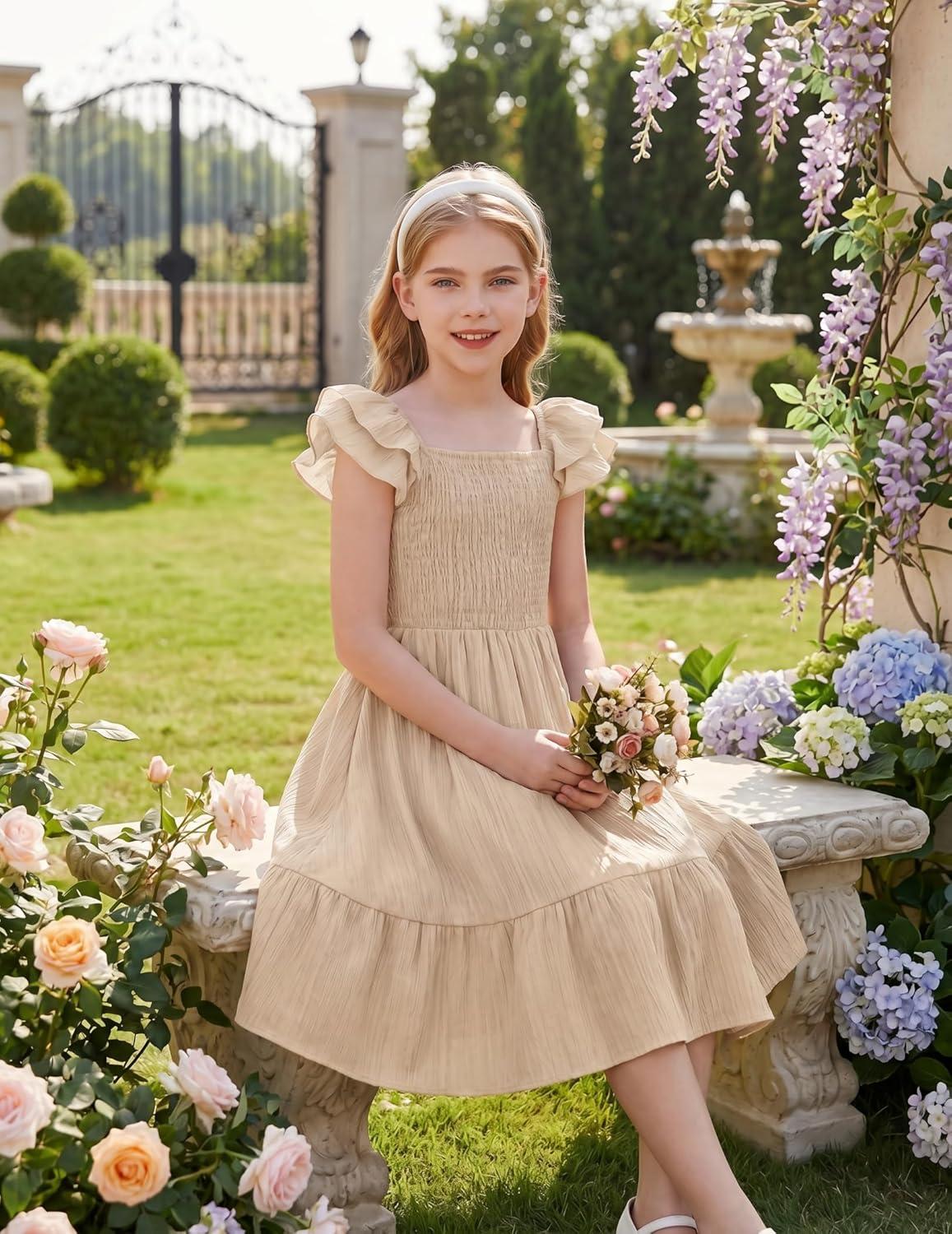 image:imageArshiner Girls Dresses Double Pleated Sleeve Square Neck Off Shoulder with Pockets Tween Sundress Size 516Beige
