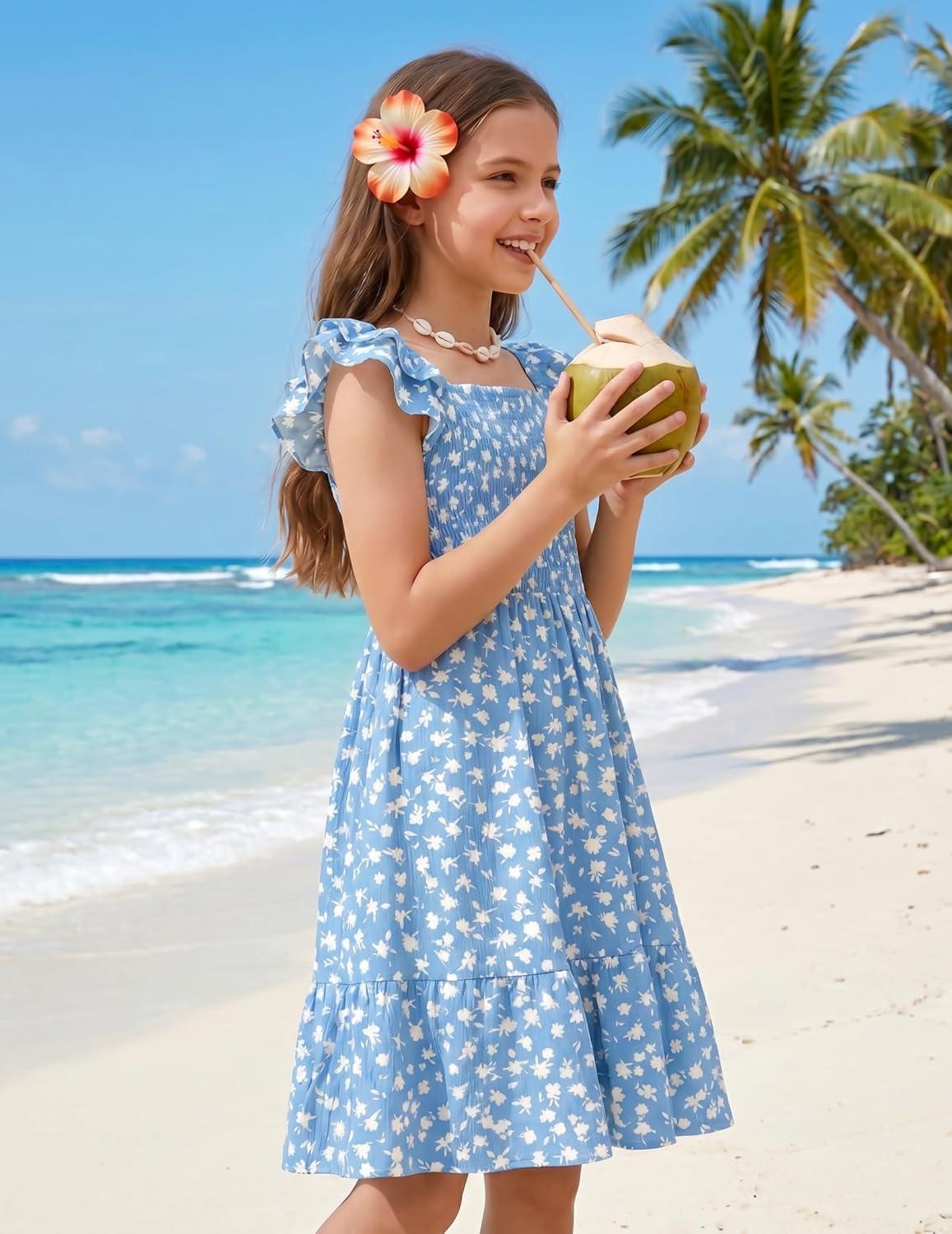 image:imageArshiner Girls Dresses Double Pleated Sleeve Square Neck Off Shoulder with Pockets Tween Sundress Size 516Blue Floral