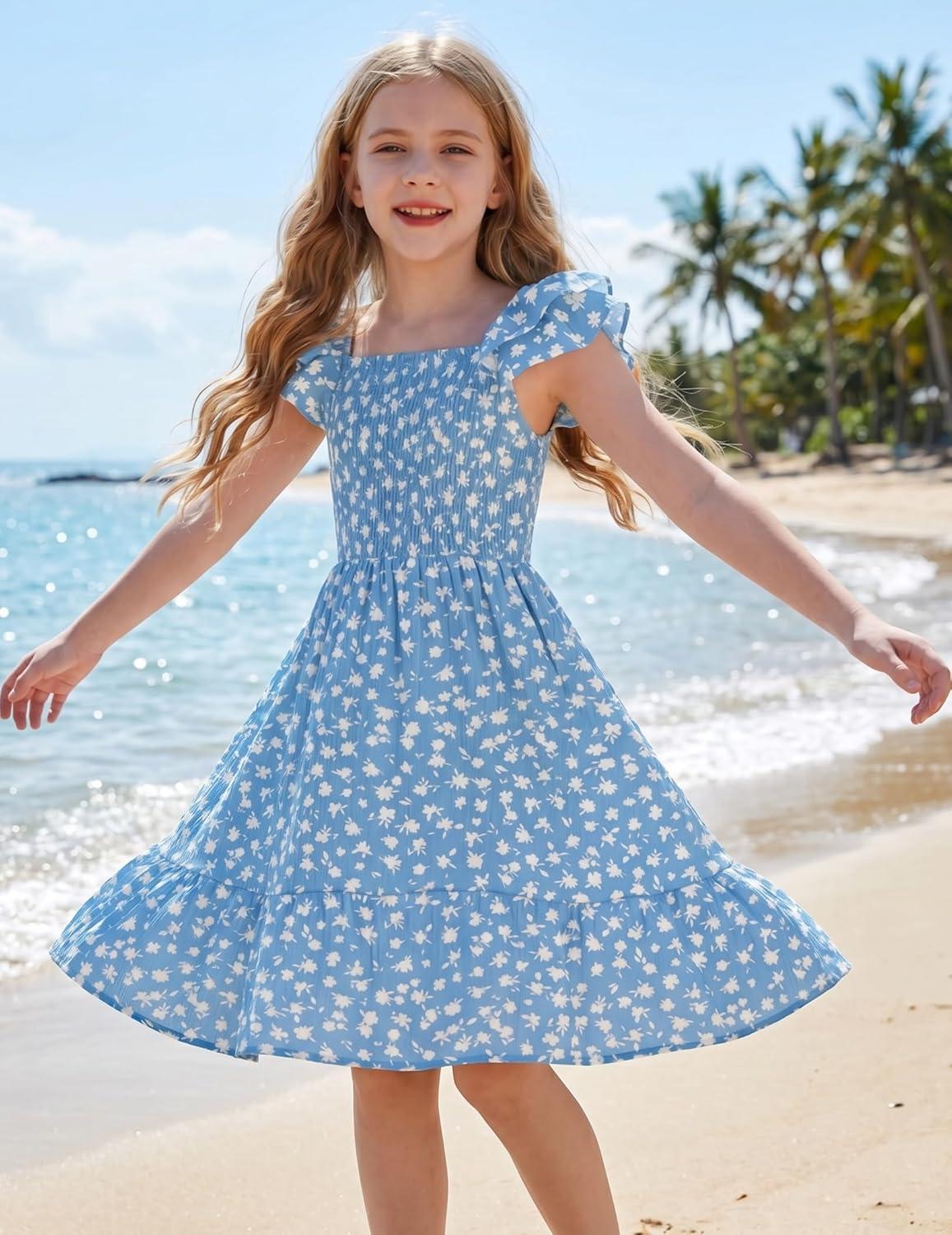 image:imageArshiner Girls Dresses Double Pleated Sleeve Square Neck Off Shoulder with Pockets Tween Sundress Size 516Blue Floral