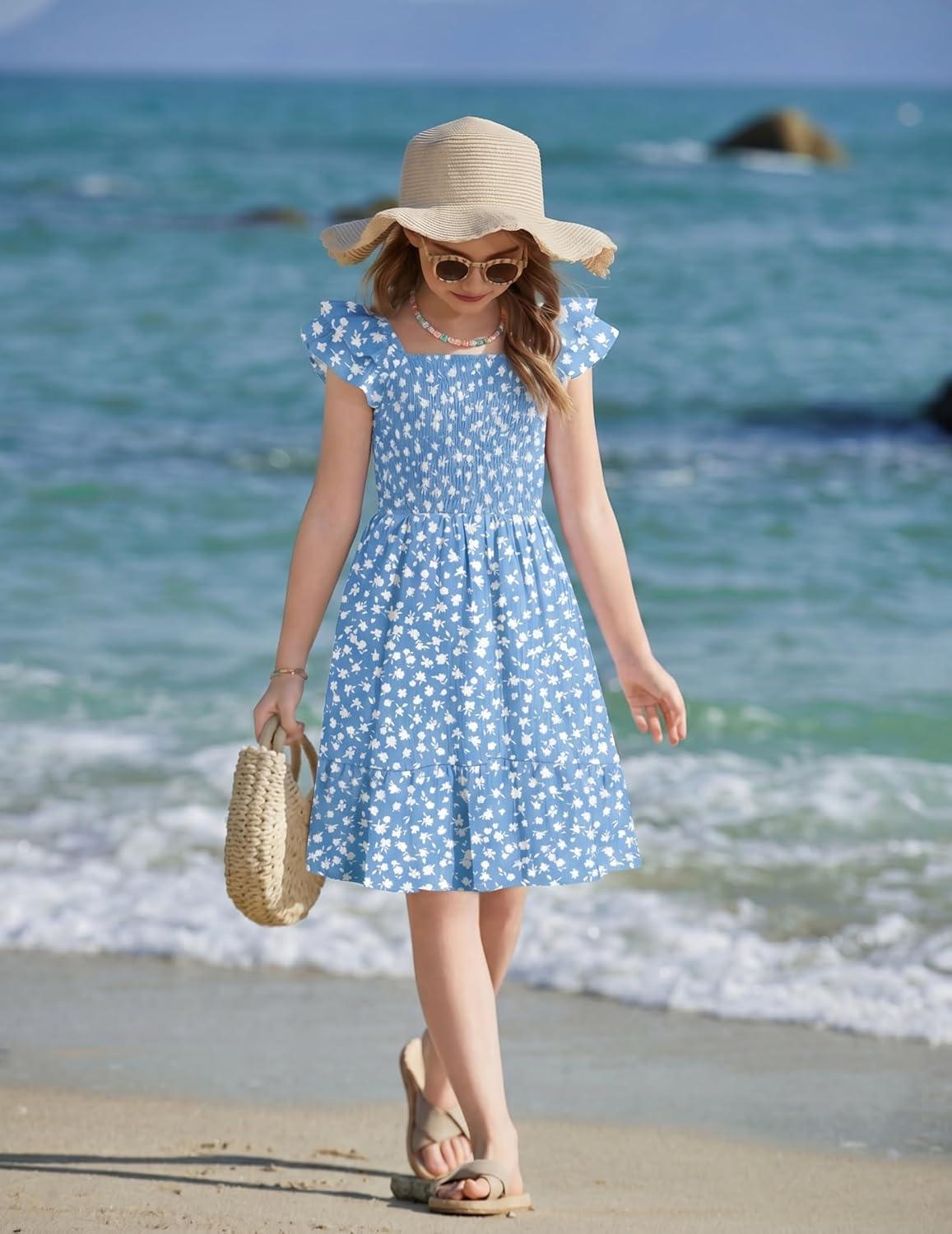 image:imageArshiner Girls Dresses Double Pleated Sleeve Square Neck Off Shoulder with Pockets Tween Sundress Size 516Blue Floral