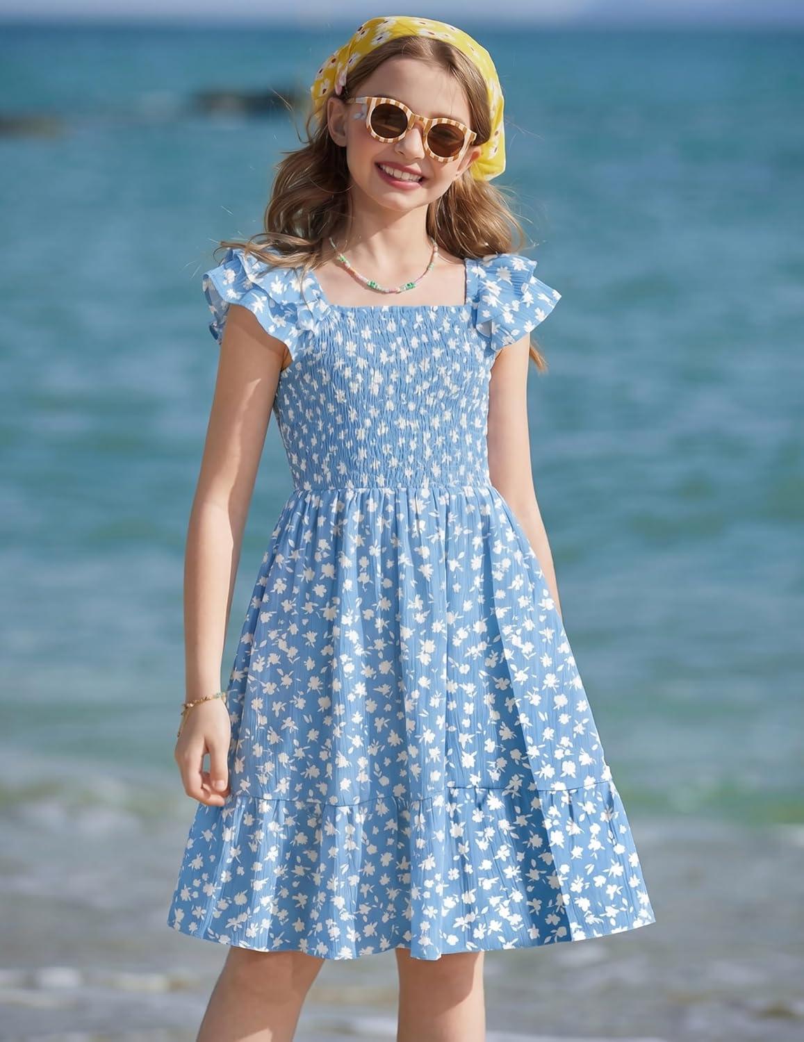 image:imageArshiner Girls Dresses Double Pleated Sleeve Square Neck Off Shoulder with Pockets Tween Sundress Size 516Blue Floral