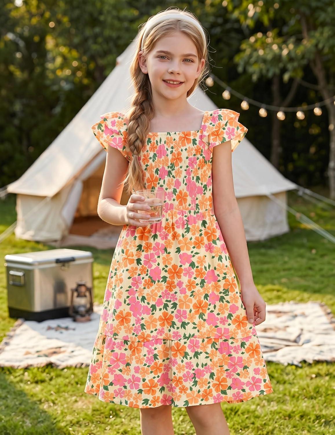 image:imageArshiner Girls Dresses Double Pleated Sleeve Square Neck Off Shoulder with Pockets Tween Sundress Size 516Pink Floral