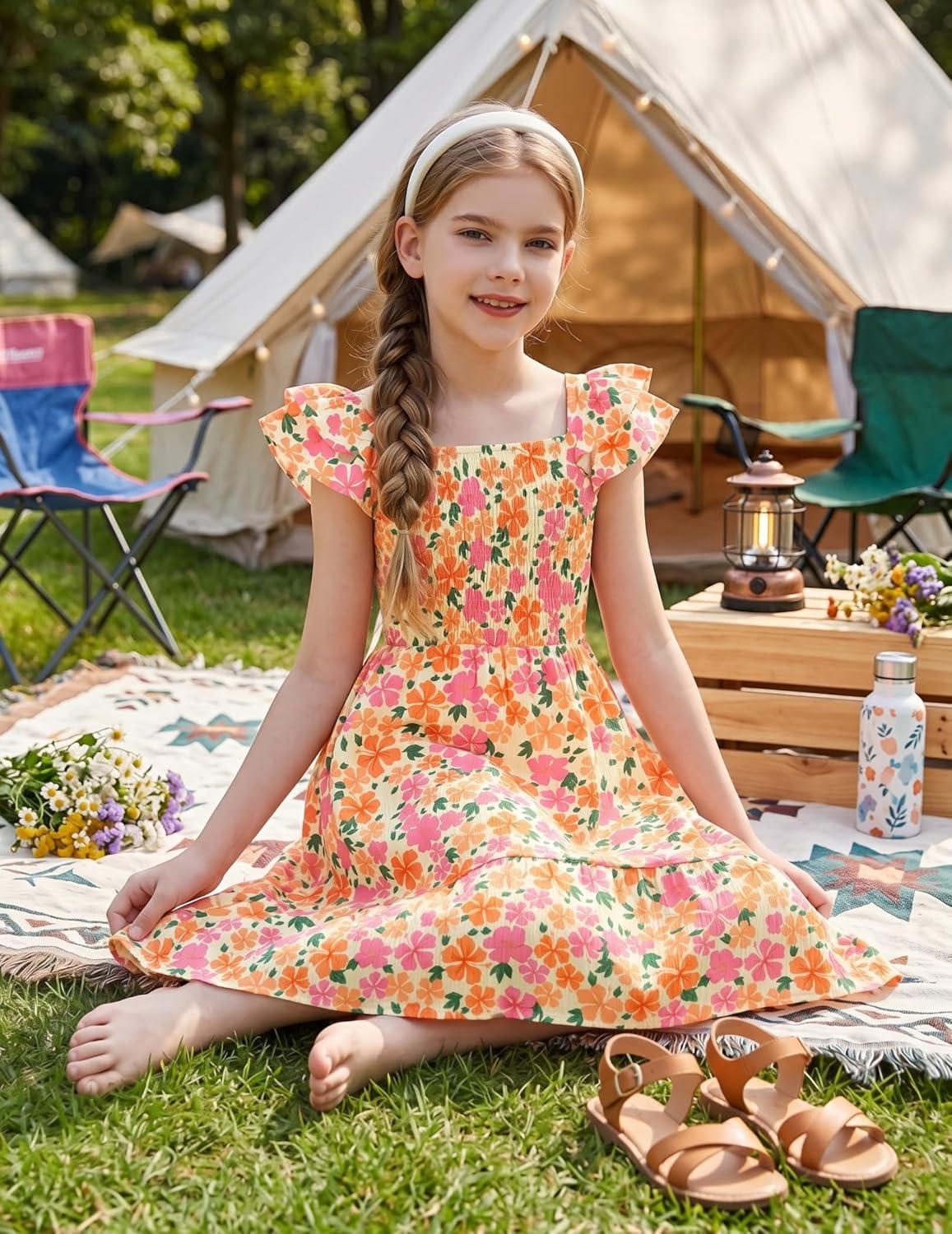 image:imageArshiner Girls Dresses Double Pleated Sleeve Square Neck Off Shoulder with Pockets Tween Sundress Size 516Pink Floral